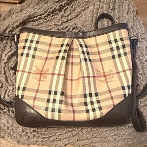 Burberry Beige Plaid Canvas Crossbody Bag with Brown Leather Trim